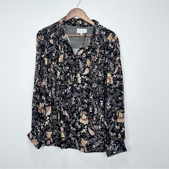 Michael Stars Black Floral Combo Alexei Printed Tie Bow Blouse Casual Office 1X - Picture 1 of 8